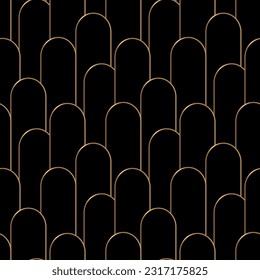 Seamless pattern with golden ovals on black background. Vector background. Art deco style.