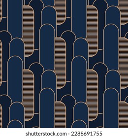 Seamless pattern with golden ovals pn deep blue background. Vector illustration. Vintage illustration.