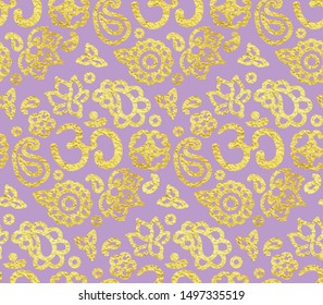 Seamless pattern with golden paint foil ink OM meditation ornament. Zen lavender violet background, hand drawn illustration.
