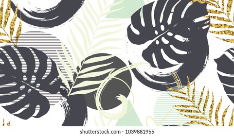 Seamless pattern with  golden palm leaves in vector