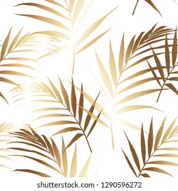 Seamless pattern with golden palm leaves on white background.