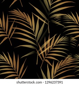 Seamless pattern with golden palm leaves on black background.