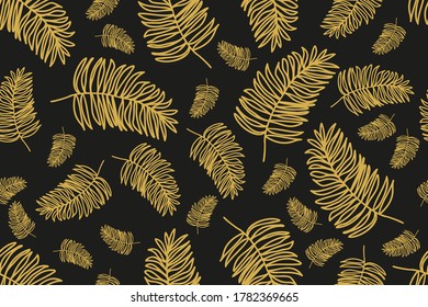 A seamless pattern with golden palm leaves on a black background. Vector illustration for the design of packaging, wedding invitations, postcard cards.