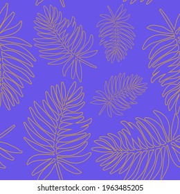 Seamless pattern of golden palm leaves on a purple background.  Vector background of tropical leaves. Vector illustration in flat style for wallpaper decoration