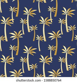 Seamless pattern with golden palm trees on a blue background. Colorful illustration. Vector EPS10.