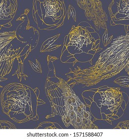 Seamless pattern with golden peacock and roses, peonies, leaves on dusty violet background. Tropical berds, flowers. Vector illustration with plants. Gentle pastel colors. EPS 10