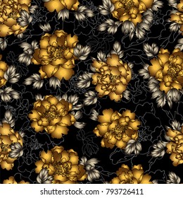 seamless pattern with golden peonies and silver leaves on a black background
