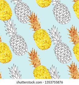 seamless pattern of golden pineapples on blue background - textile print fashion pattern