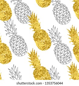 seamless pattern of golden pineapples on white background - textile print fashion pattern