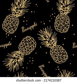 Seamless pattern with golden pineapples on a black background. Vector illustration.