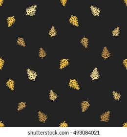 Seamless pattern with golden pinecone. Decorative design for eco forest wedding or autumn celebrations. Rustic floral symbols and elements on black chalkboard.