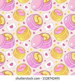 Seamless pattern  golden and pink cosmetic eye patch. Cosmetic product for skin. Hydrogel patches under the eyes. Сollagen mask. Korean cosmetics. Facial skin care. Beauty product for eye care.