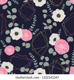 Seamless pattern with golden polygonal shapes and floral elements in watercolor style. White anemone, pink camellias flowers and eucalyptus leaf. Vector illustration 