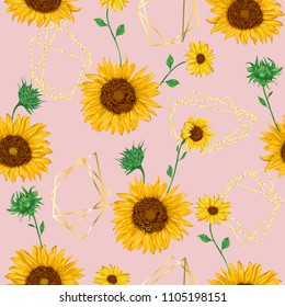 Seamless pattern with golden polygonal shapes and sunflowers in watercolor style. Vector illustration 