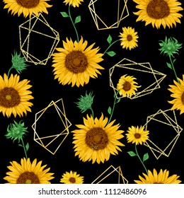 Seamless pattern with golden polygonal shapes and sunflowers in watercolor style. Vector illustration
