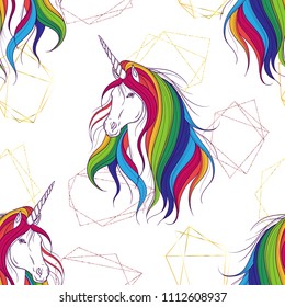 Seamless pattern with golden polygonal shapes and unicorn with rainbow mane. Design concept for print, card, poster, wallpaper. Vector illustration 