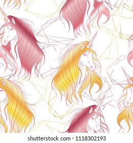 Seamless pattern with golden polygonal shapes and unicorns. Design concept for print, card, poster, wallpaper. Vector illustration 