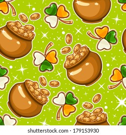 Seamless pattern with golden pot and clovers for St. Patrick's day