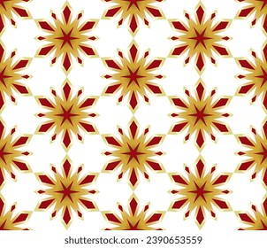 Seamless pattern with golden red snowflakes. Snowflakes ornament vector illustration. Christmas pattern on white background. Decorative design element. Winter mood printing.