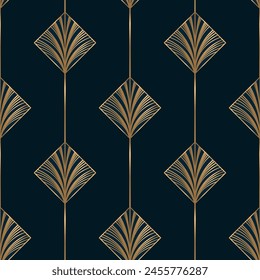 Seamless pattern with golden rhombus elements on deep green background. Art deco style. Vector seamless pattern. Vintage print