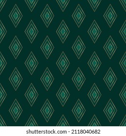 Seamless pattern with golden rhombus on deep green background. Art deco style. Vector illustration. 