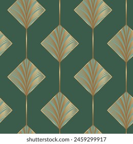 Seamless pattern with golden rhombus on deep green background. Art deco style. Vector print.