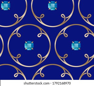Seamless pattern. Golden rings with loops and blue gem stones. Interweaving rings. Design of fabric.