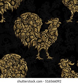 Seamless pattern with golden rooster on black background. 2017 new symbol. Doodle.