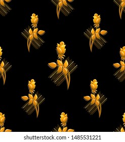 Seamless pattern with golden rose flowers with an ornament. Golden rose on a black background and geometric ornament. Floral motif for design of a festive party, textile, gift wrapping.