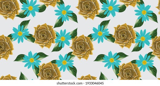 Nahtloses Muster mit goldenen Rosen und blauen Blumen. Für Verpackungen, Textilien, Umhüllungspapier. Vektormuster.