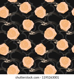 Seamless pattern with golden roses and gray pattern on black background. Vintage pattern for Wallpaper, fabric, digital paper.