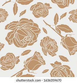 seamless pattern with golden roses and leaves in light gray background. Romantic and vintage style suitable for valentines product, 