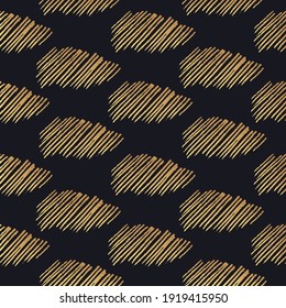 Seamless pattern with golden rough pencil scribbles. Grunge gold texture with chalk edge charcoal lines. Vector isolated  marker ink background.