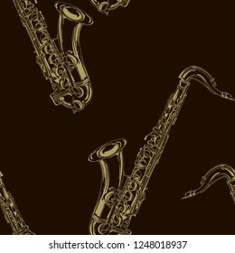 Seamless pattern with golden saxophones on a black background. Vector illustration.
