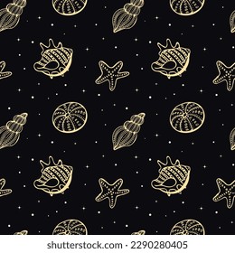 Seamless pattern of golden sea shells and seahorses on a black background with stars. Mystical background, textile, vector
