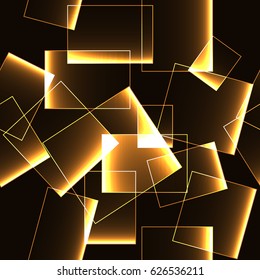 Seamless pattern with golden shining glowing rectangles with gradient. Several boxes with light side in random order and rotation.