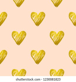 Seamless pattern with golden shining hearts. Decorative festive vector background.