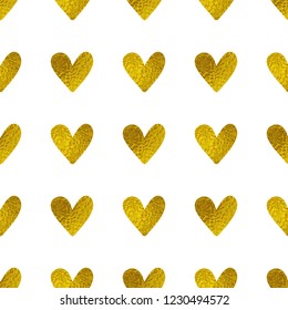 Seamless pattern with golden shining hearts on a white background. Decorative festive vector illustration.