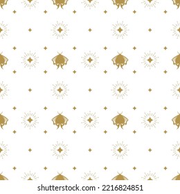 Seamless pattern with golden shining  sparkles and mysterious moth on white background. Vector halloween illustration. Magic fireworks. Stardust or wizard spell background. Fairytale wrapping