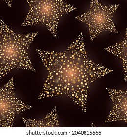 Seamless pattern with golden shining stars on dark brown background. Christmas, festive, light effect vector illustration.