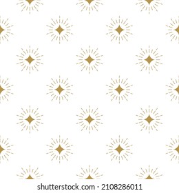 Seamless pattern with golden shining stars or sparkles on white background. Vector illustration. Magic fireworks. Stardust or wizard spell background. Fairytale wrapping