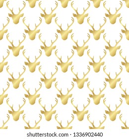 Seamless pattern with golden shiny deer heads silhouettes over white. Vector hipster trendy background. Nature wildlife animal backdrop.