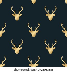 Seamless pattern with golden shiny deer heads silhouettes over black. Trendy vector background. Nature wildlife animal backdrop.