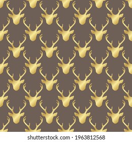 Seamless pattern with golden shiny deer heads silhouettes over brown. Nature vector background. Wildlife animal backdrop.