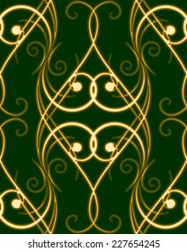 seamless pattern with golden shiny swirls on dark green background