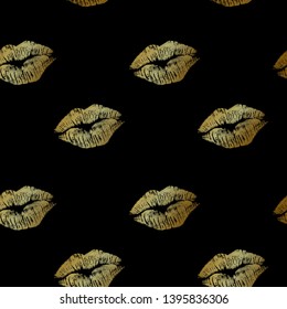Seamless pattern with golden silhouette lips icon on pink background. Gold Kiss in retro style for beauty design. Vector Illustration
