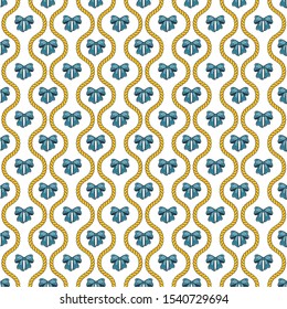 Seamless pattern with golden silk cords, bows and medallions. Fashion accessories for Women. Background for bags, scarves, clothes, fabrics. Flat vector outline illustration on white background.