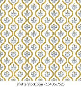 Seamless pattern with golden silk cords, bows and medallions. Fashion accessories for Women. Background for bags, scarves, clothes, fabrics. Flat vector outline illustration on white background.