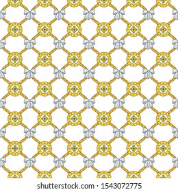 Seamless pattern with golden silk cords, bows and medallions. Fashion accessories for Women. Background for bags, scarves, clothes, fabrics. Flat vector outline illustration on white background.