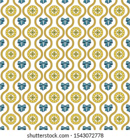 Seamless pattern with golden silk cords, bows and medallions. Fashion accessories for Women. Background for bags, scarves, clothes, fabrics. Flat vector outline illustration on white background.